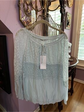 M&G Light Blue Lace Tie-Neck Top with Sequin Trim Made in Italy